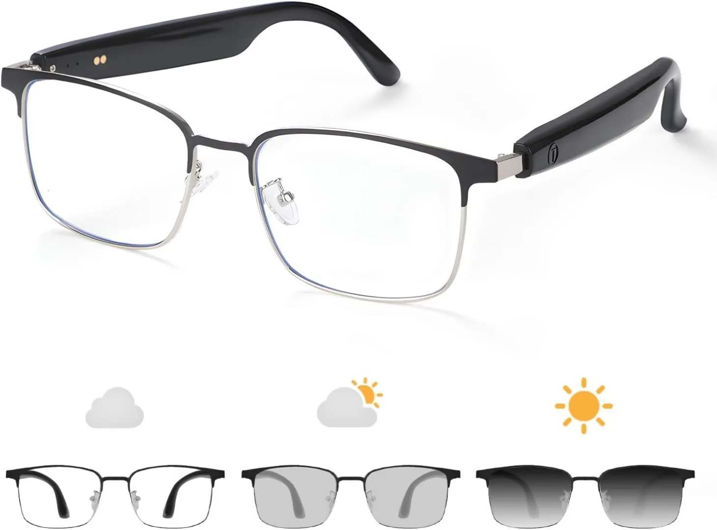 Bluetooth Audio Smart Glasses, Blue Light Glasses for Women Men, Remote Shooting, Open Ear Sound Mic & Speakers, Magnetic Charging, Color-Changing Polarized Sunglasses Lenses, Voice Assistant（GS06S)