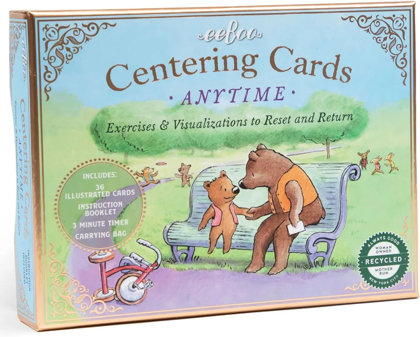 eeBoo: Anytime Centering Cards, Exercises & Visualiztions to Rest and Return, Redirect and Focus Your Child, Includes 36 Cards, 3-Minute Sand Timer and Fabric Bag, for Ages 3 and up