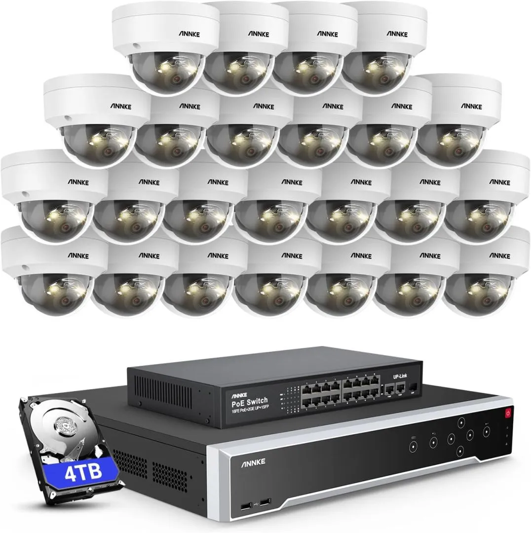 ANNKE 12MP Security Camera System, 16 Ports Expandable 32CH 12MP H.265+ NVR Recorder, 24X 12MP Color Night Vision Wired IP Dome Cams, Built-in Mic, AI Motion & 1CH Face Detection, NOT PTZ, 4TB HDD