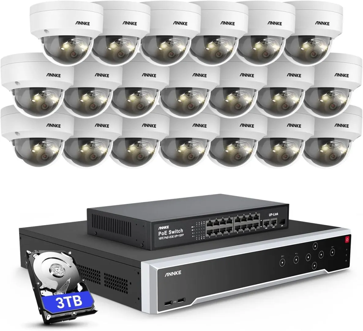 ANNKE 12MP Security Camera System, 16 Ports Expandable 32CH 12MP H.265+ NVR Recorder, 20X 12MP Color Night Vision Wired IP Dome Cams, Built-in Mic, AI Motion & 1CH Face Detection, NOT PTZ, 3TB HDD