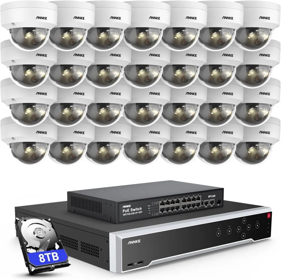 ANNKE 12MP Security Camera System, 16 Ports Expandable 32CH 12MP H.265+ NVR Recorder, 28X 12MP Color Night Vision Wired IP Dome Cams, Built-in Mic, AI Motion & 1CH Face Detection, NOT PTZ, 8TB HDD