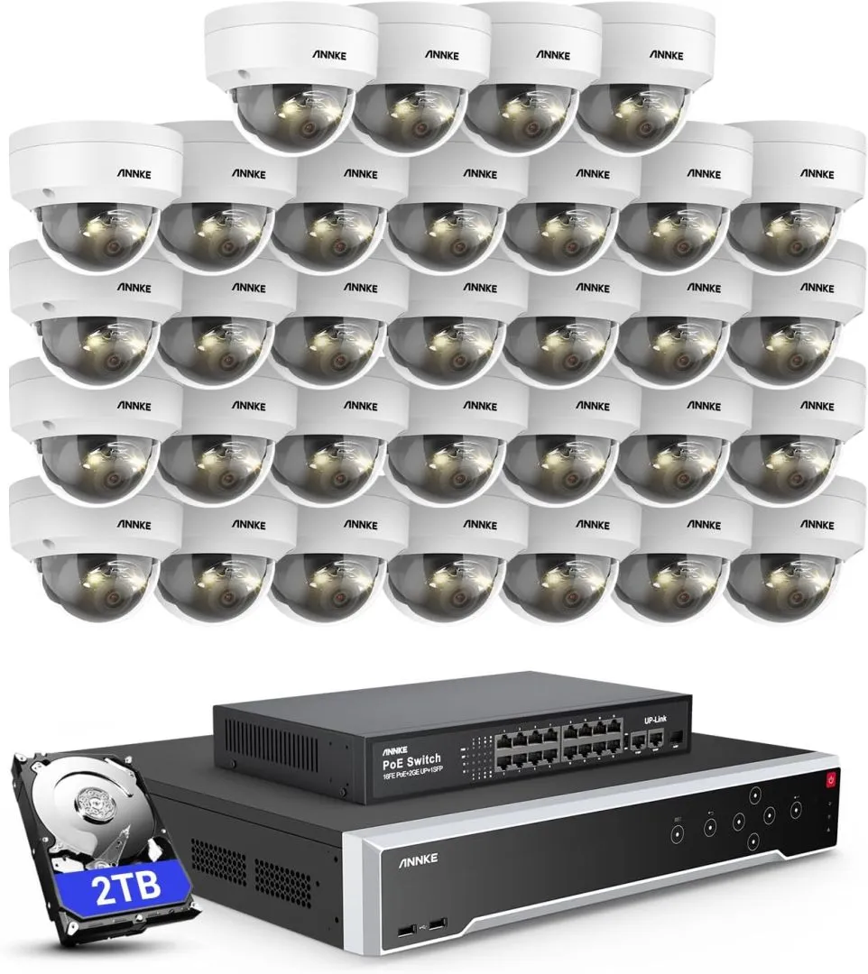 ANNKE 12MP Security Camera System, 16 Ports Expandable 32CH 12MP H.265+ NVR Recorder, 32X 12MP Color Night Vision Wired IP Dome Cams, Built-in Mic, AI Motion & 1CH Face Detection, NOT PTZ, 2TB HDD