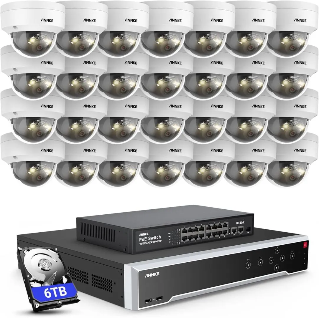 ANNKE 12MP Security Camera System, 16 Ports Expandable 32CH 12MP H.265+ NVR Recorder, 28X 12MP Color Night Vision Wired IP Dome Cams, Built-in Mic, AI Motion & 1CH Face Detection, NOT PTZ, 6TB HDD