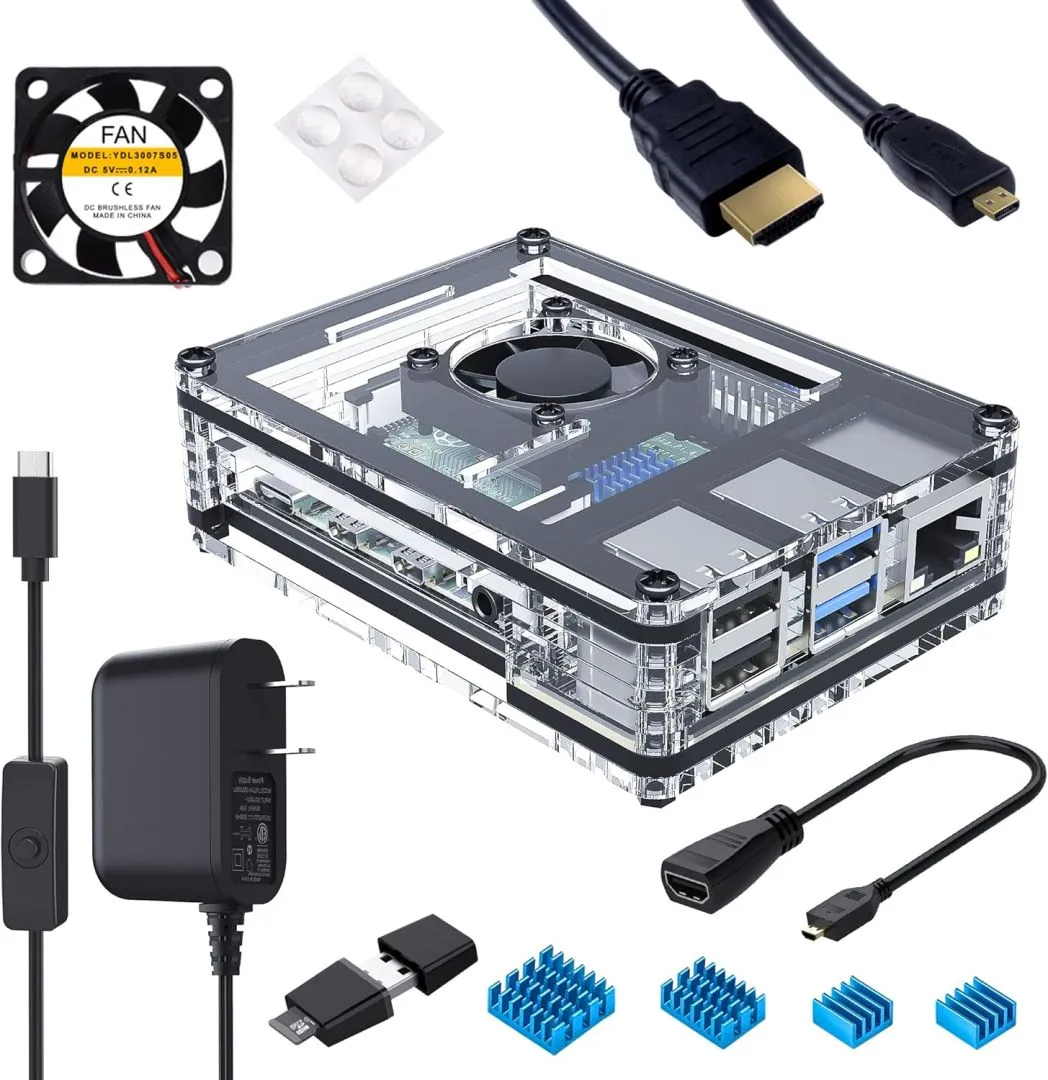 Miuzei Case for Raspberry Pi 4 with Fan, 3A USB-C Power Supply, 1.5M Micro HDMI Cable, HDMI-Micro HDMI Adapter, 4 Aluminum Heat Sinks, USB Card Reader (Raspberry Pi 4 Not Included