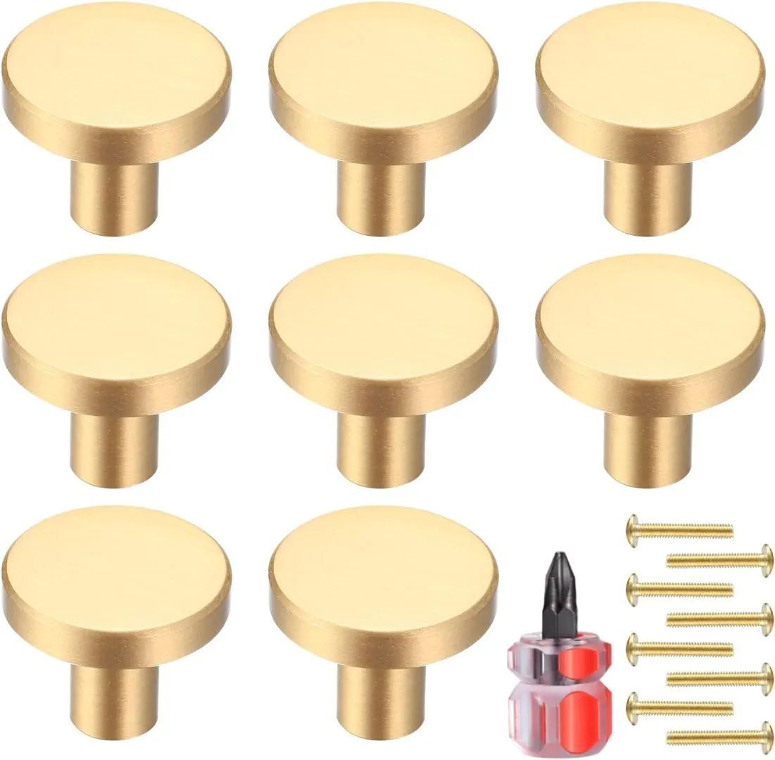Gold Cabinet Knobs, 8 Pcs Brushed Brass Round Kitchen Cabinet Hardware Pulls Knobs Gold for Dresser Drawer Cupboard Furniture Closet Wardrobe Door Knobs Handles, with Screwdriver, 28x20 mm