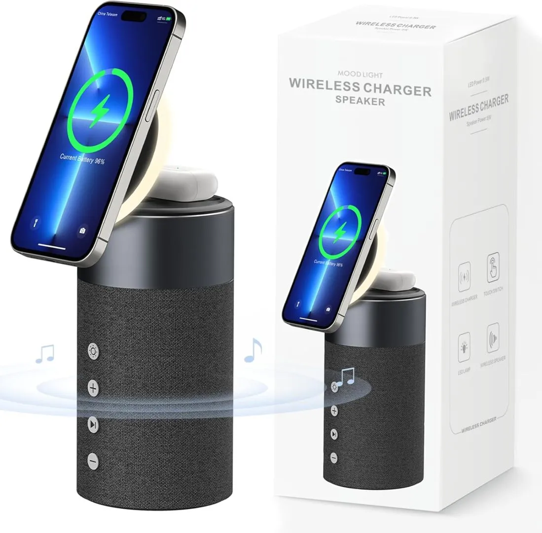 COLSUR Bluetooth Speaker, Magnetic Wireless Charger, Bluetooth Speakers with Night Light, 2 in 1 Wireless Charging Station for iPhone 16/15/14/13/12 Series, AirPods Pro 4/3（Gift Ideal）