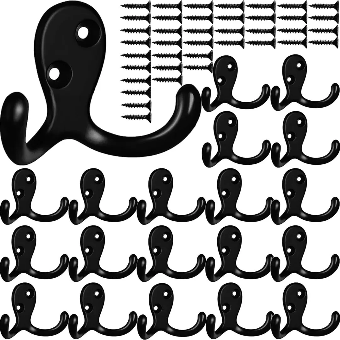 Coat Hooks Hardware,20 Pcs Wall Hooks Heavy Duty Hooks for Hanging Coats Double No Rust Hooks Wall Mounted for Key, Towel, Bags, Cup, Hat (20pcs Black)