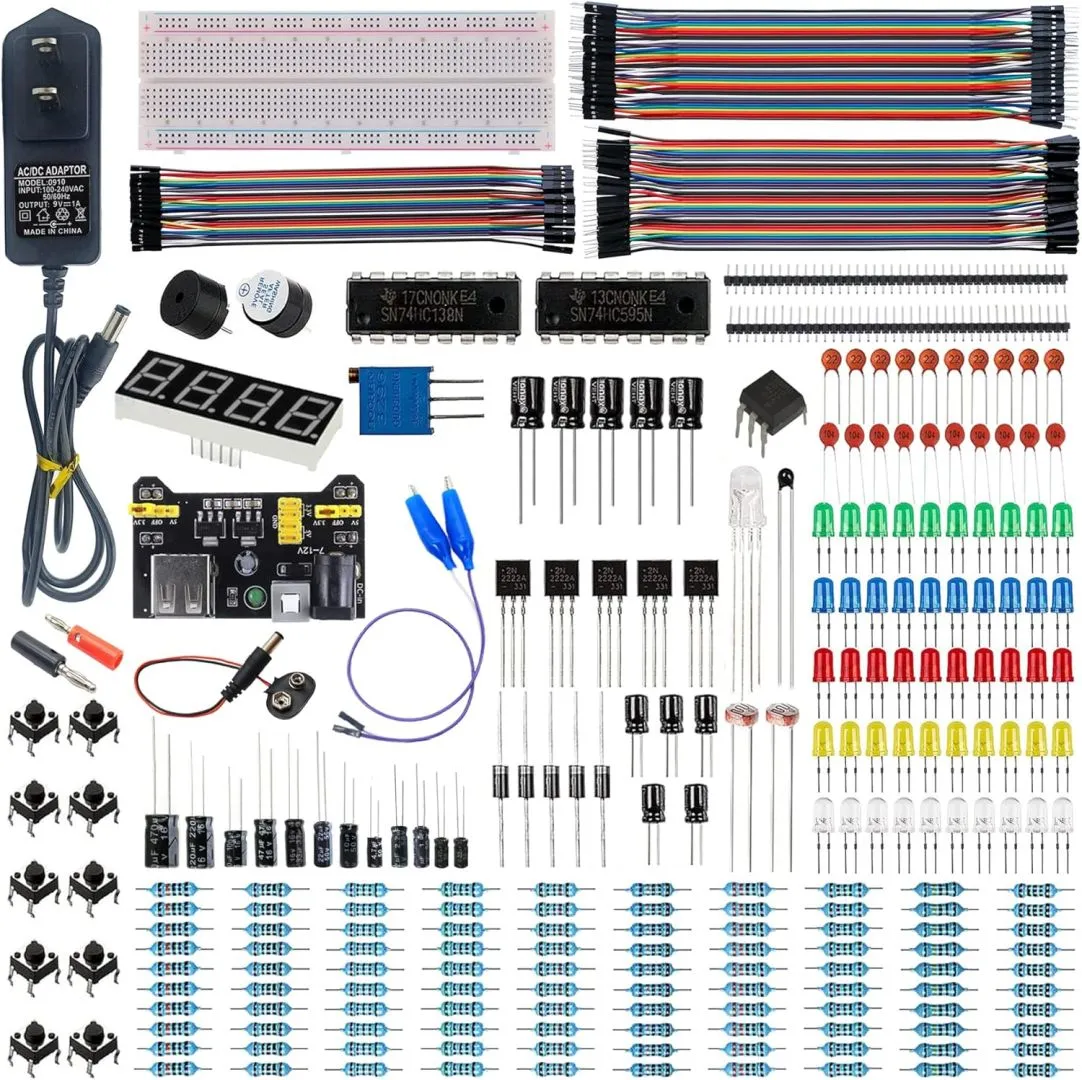 Upgraded Electronics Component Fun Kit Power Supply Module, Jumper Wire, 830 Breadboard, LED,Capacitor,Diode,Resistor,Transistor,Compatible Raspberry Pi, STM32