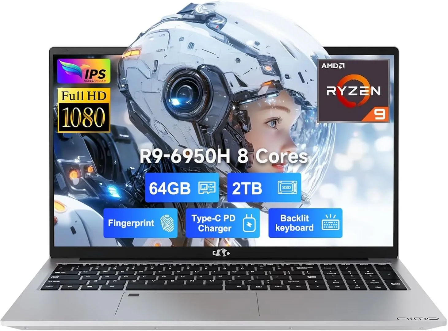 NIMO 17.3 FHD IPS Business Gaming Laptop, 8-Cores AMD Ryzen9 Pro 6950H 680M Video(Beat i9-10900, up to 4.9GHz), 64GB DDR5, 2TB SSD, 100W Type C, Fingerprint, 2 Years Warranty, WiFi 6, Win 11
