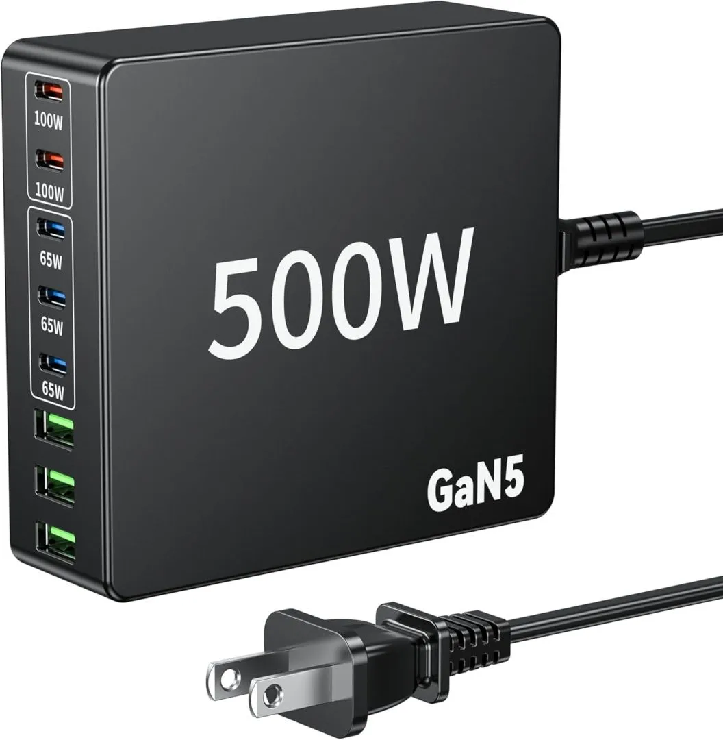 USB C Charger 500W Fast GAN Charger Block 8 Multi Port Charging Station Hub Brick Dual PD 100W Laptop Charger for DELL HP MacBook Pro/Air/All iPad iPhone 16 15/14/13/Pro Max/Samsung Galaxy Note
