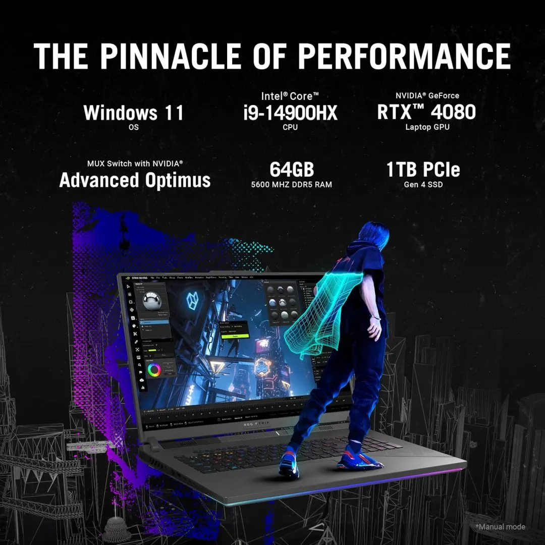 ASUS ROG Strix G18 (2024) Gaming Laptop, 18” Nebula Display 16:10 QHD 240Hz/3ms, GeForce RTX™ 4080, Intel® Core™ i9-14900HX, 64GB DDR5-5600MHz, 1TB PCIe® SSD, Wi-Fi 6E, Windows 11, G814JZR-IH99